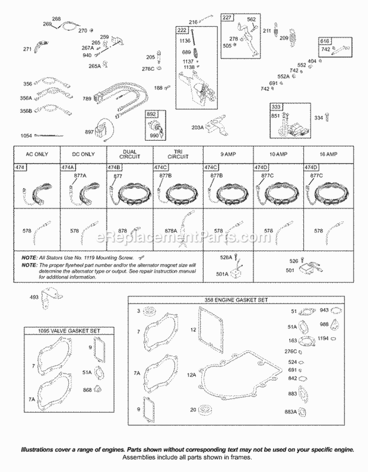 Alternator Controls Electrical Governor Spring Ignition KitsGaskets-Engine Diagram and Parts List for 42A777-1886-A1  Briggs and Stratton Engine